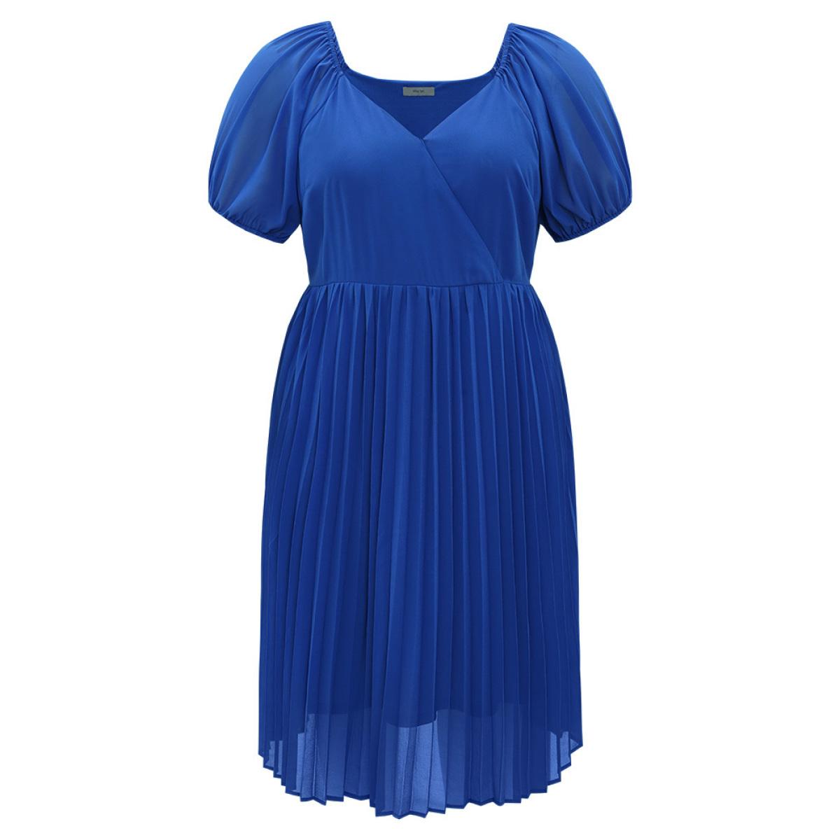 Plus Size Plain Pleated V Neck Elastic Cuffs Puff Sleeve Dress Blue Women Elegant Elastic cuffs V-neck Short sleeve Curvy Midi Dress BloomChic 26/4X Product Image