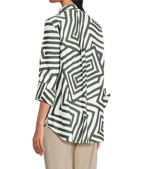 Ali Miles Woven Allover Abstract Print Wire Collar 3/4 Sleeve Hi-Low Hem Button Front Tunic Product Image