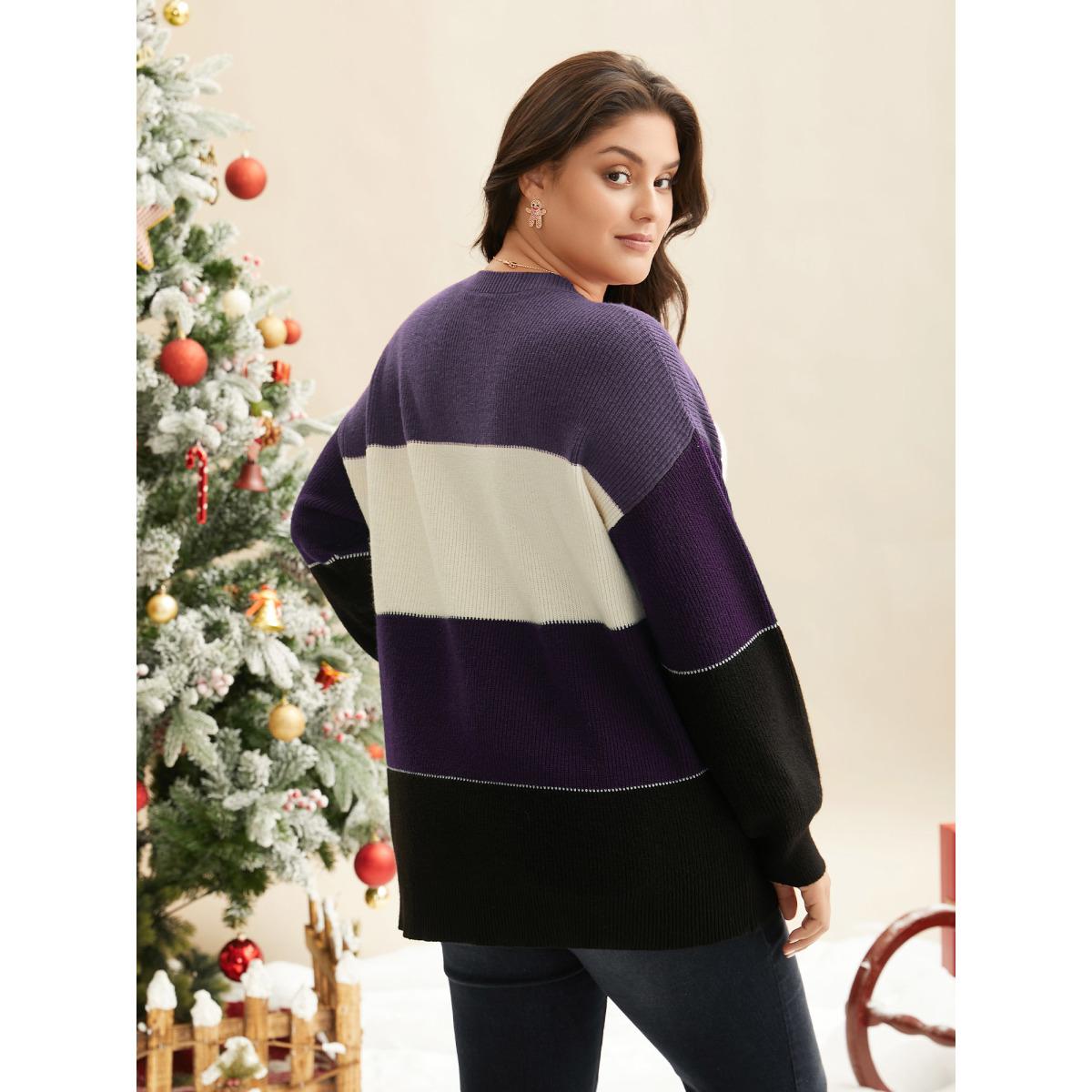Plus Size Supersoft Essentials Holiday Color Block Pullover Deeppurple Women Casual Loose Long Sleeve Round Neck Everyday Pullovers BloomChic 18-20/2X Product Image