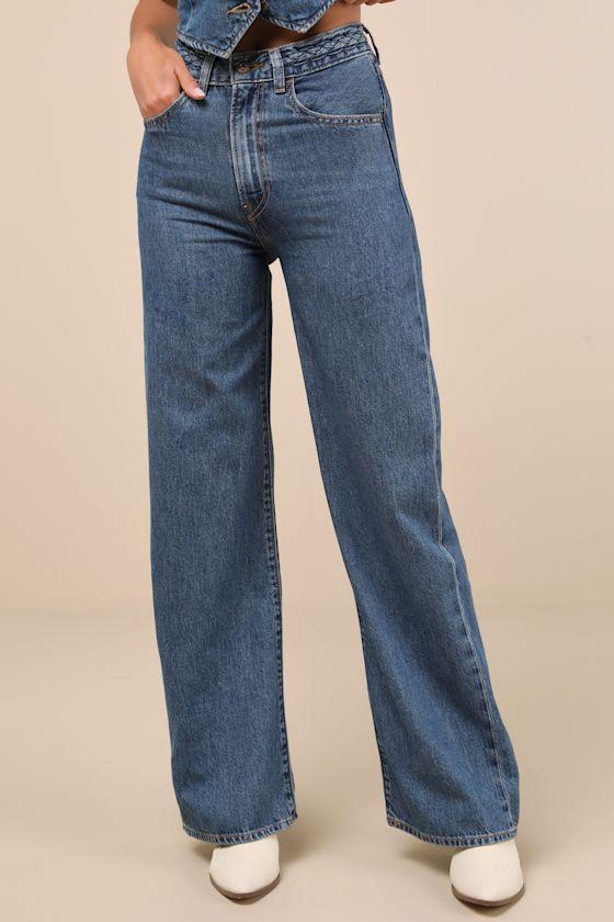 Ribcage Dark Wash Denim Braided Wide-Leg High-Rise Jeans Product Image