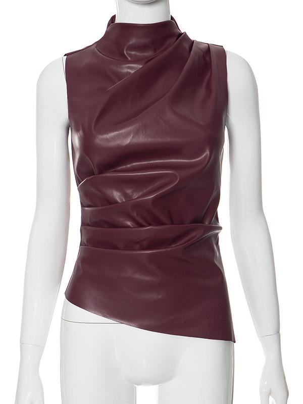 Skinny Sleeveless Asymmetric Pleated Solid Color Mock Neck Vest Top Product Image