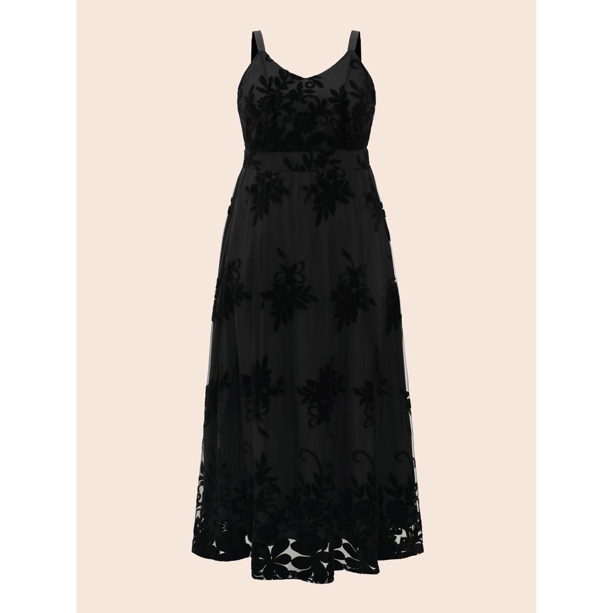 Plus Size Floral Flocked Tulle Split Hem Dress Black Women Formal Texture V-neck Sleeveless Curvy BloomChic 30/6X Product Image