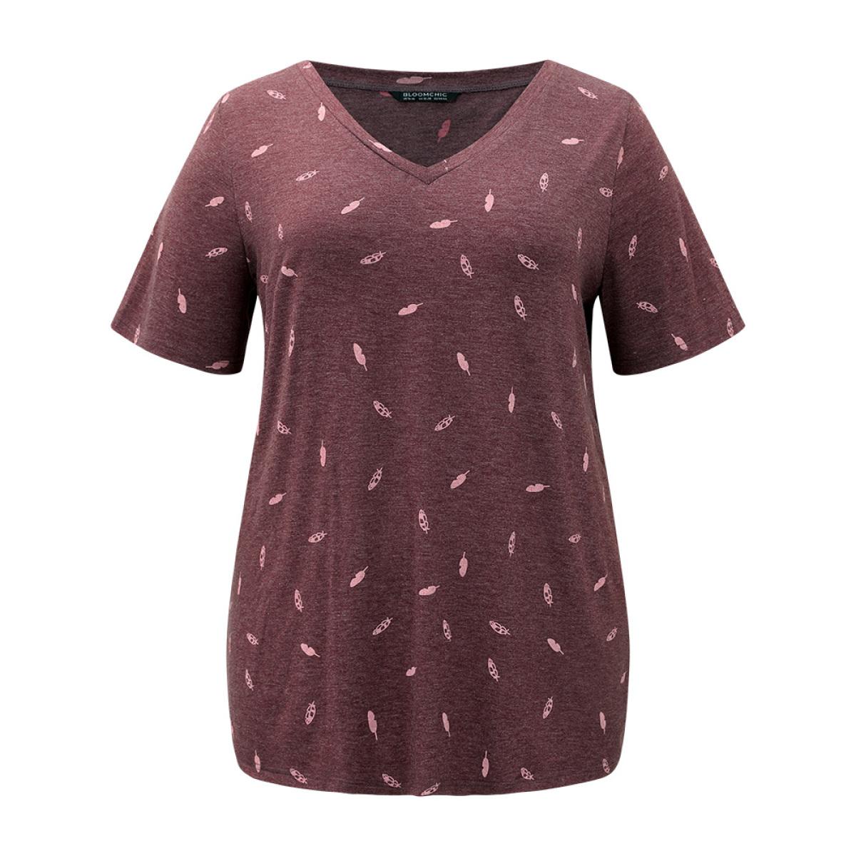 Plus Size Feather Print V Neck T-shirt Scarlet Women Casual Printed Feather V-neck Dailywear T-shirts BloomChic 28/5X Product Image