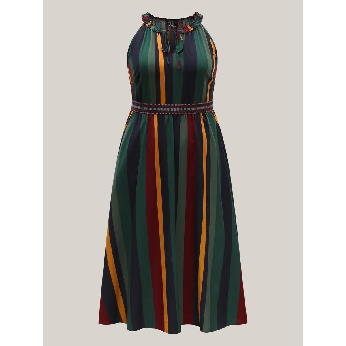 Plus Size Multi-Color Stripes Waist-Defining Midi Dress Multicolor Women Tie knot V-neck Sleeveless Curvy BloomChic 12/L Product Image