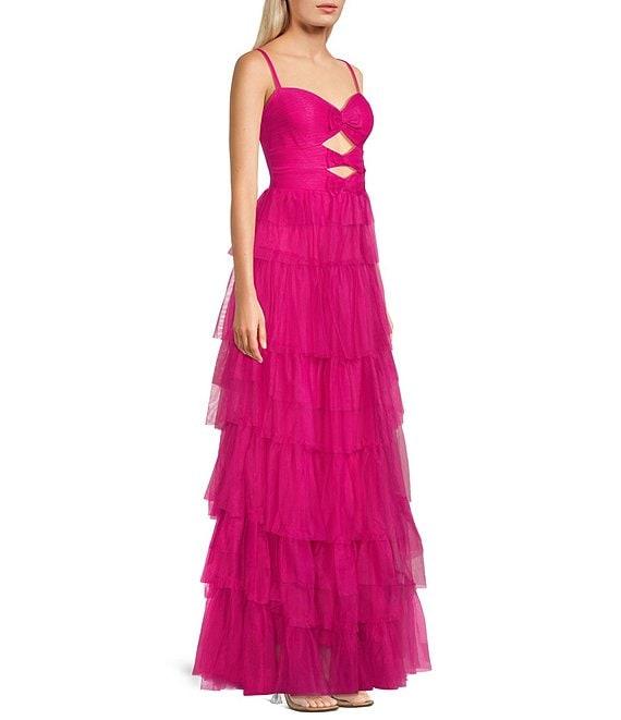 Blondie Nites Mesh Bow Cutout Sweetheart Neck Tie Back Tiered Ball Gown Product Image
