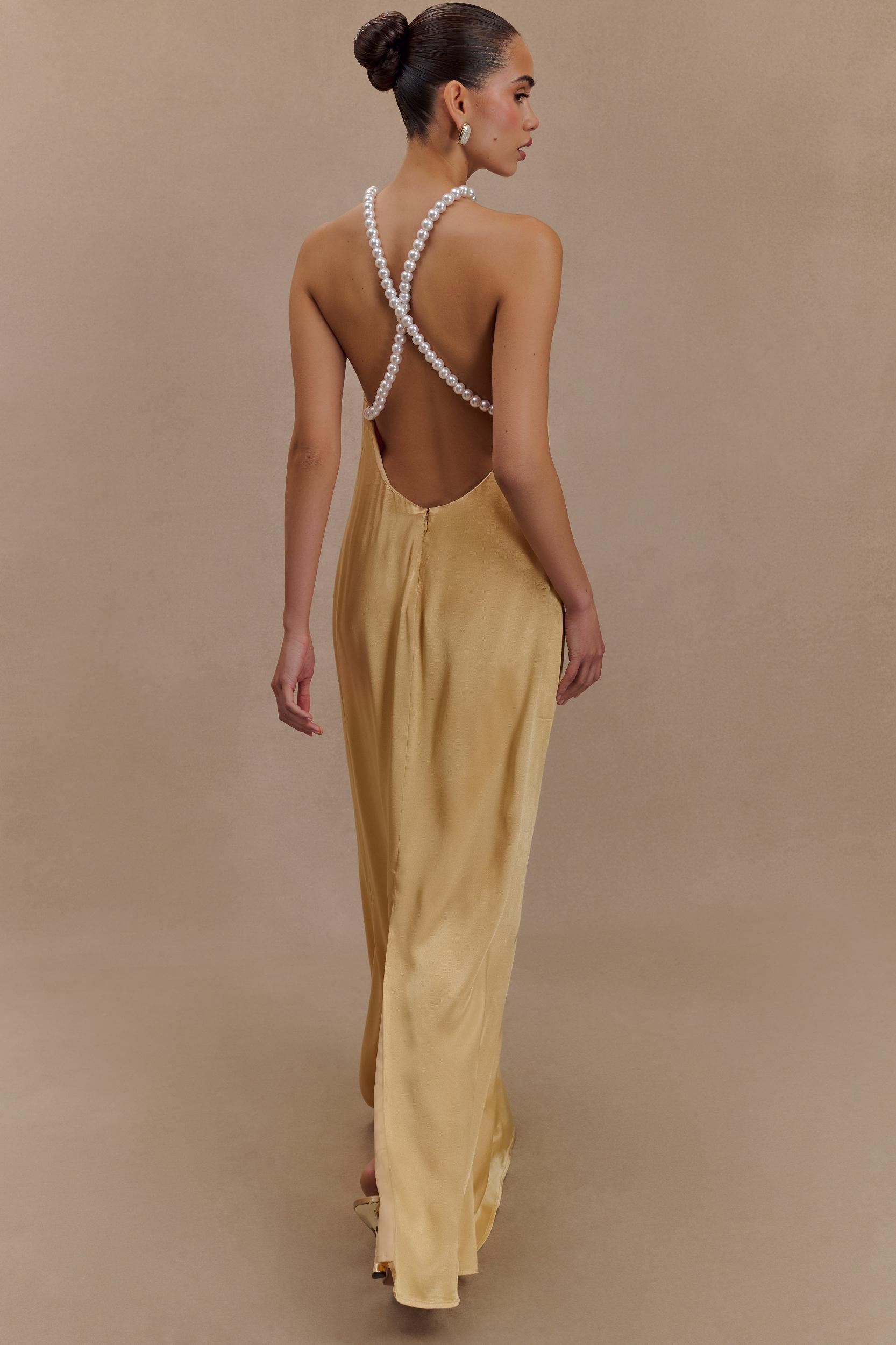 Blanche Satin Pearl Halter Maxi Dress - Peach Product Image