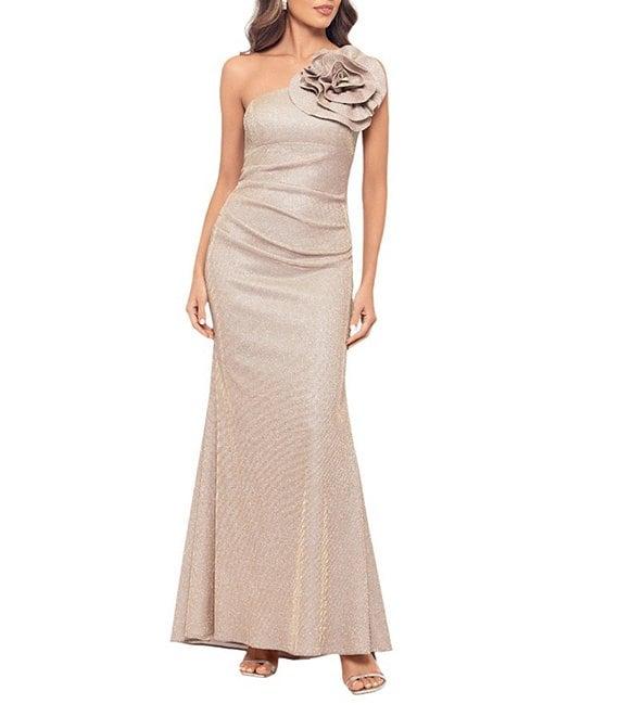 Betsy & Adam Glitter One Shoulder Neck Sleeveless Rosette Fit and Flare Gown Product Image