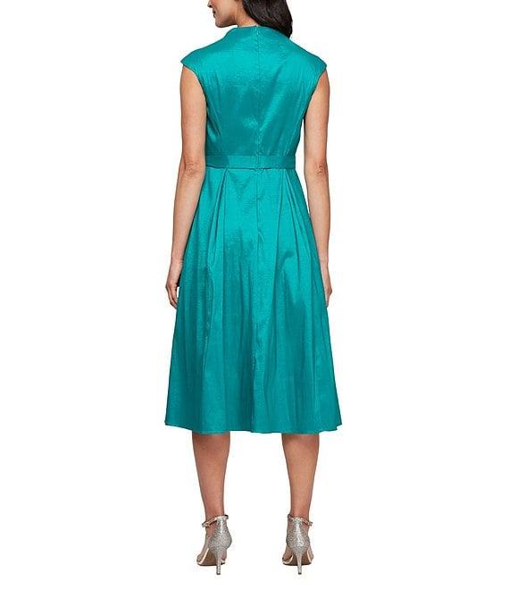 Alex Evenings Stretch Taffeta V Neck Cap Sleeve Tie Sash A-Line Midi Dress Product Image
