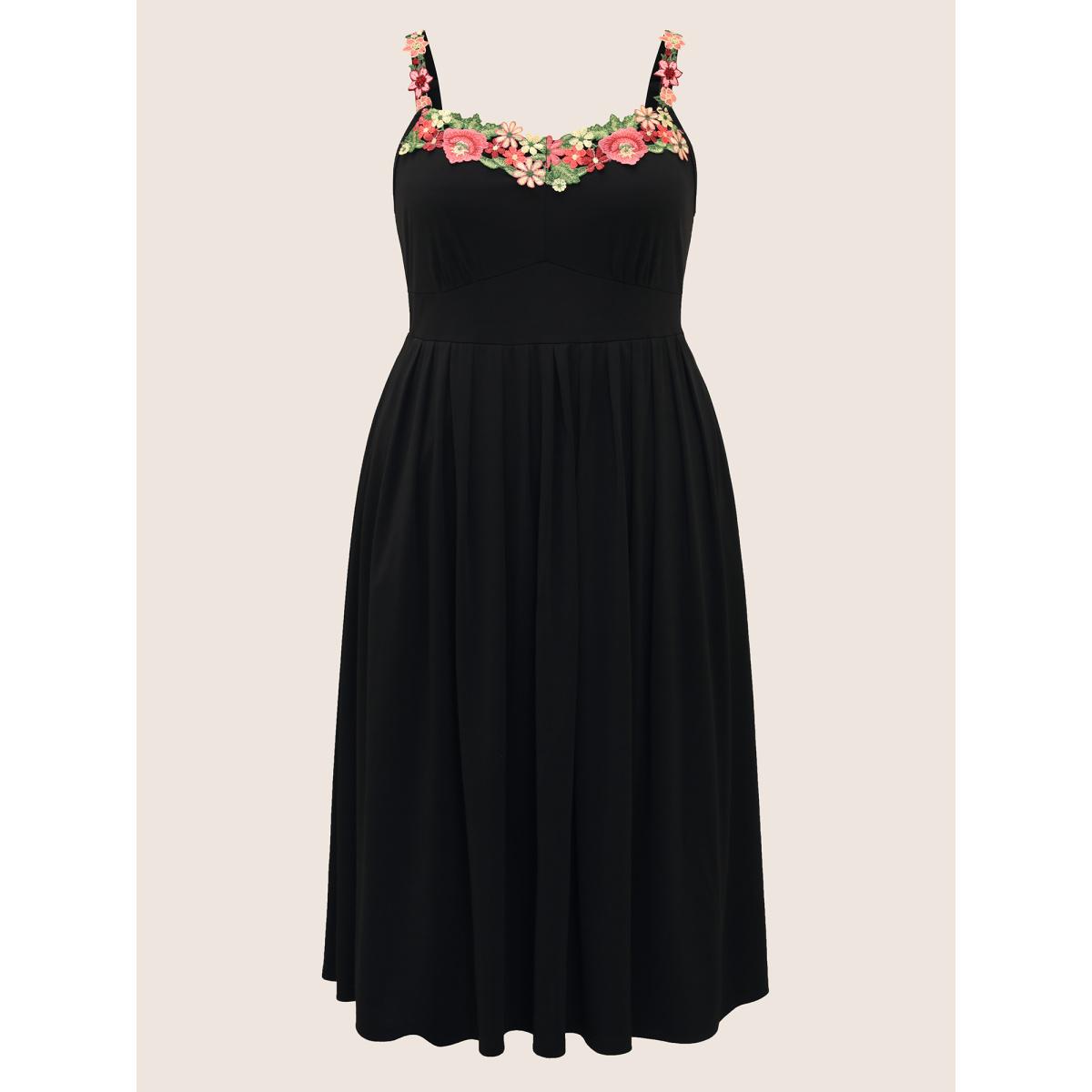Plus Size Floral Embroidered Pocket Midi Cami Dress Black Women Romantic Embroidered Heart neckline Sleeveless Curvy BloomChic 26/4X Product Image