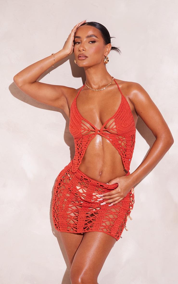 Rust Flower Contrast Crochet Mini Skirt Product Image