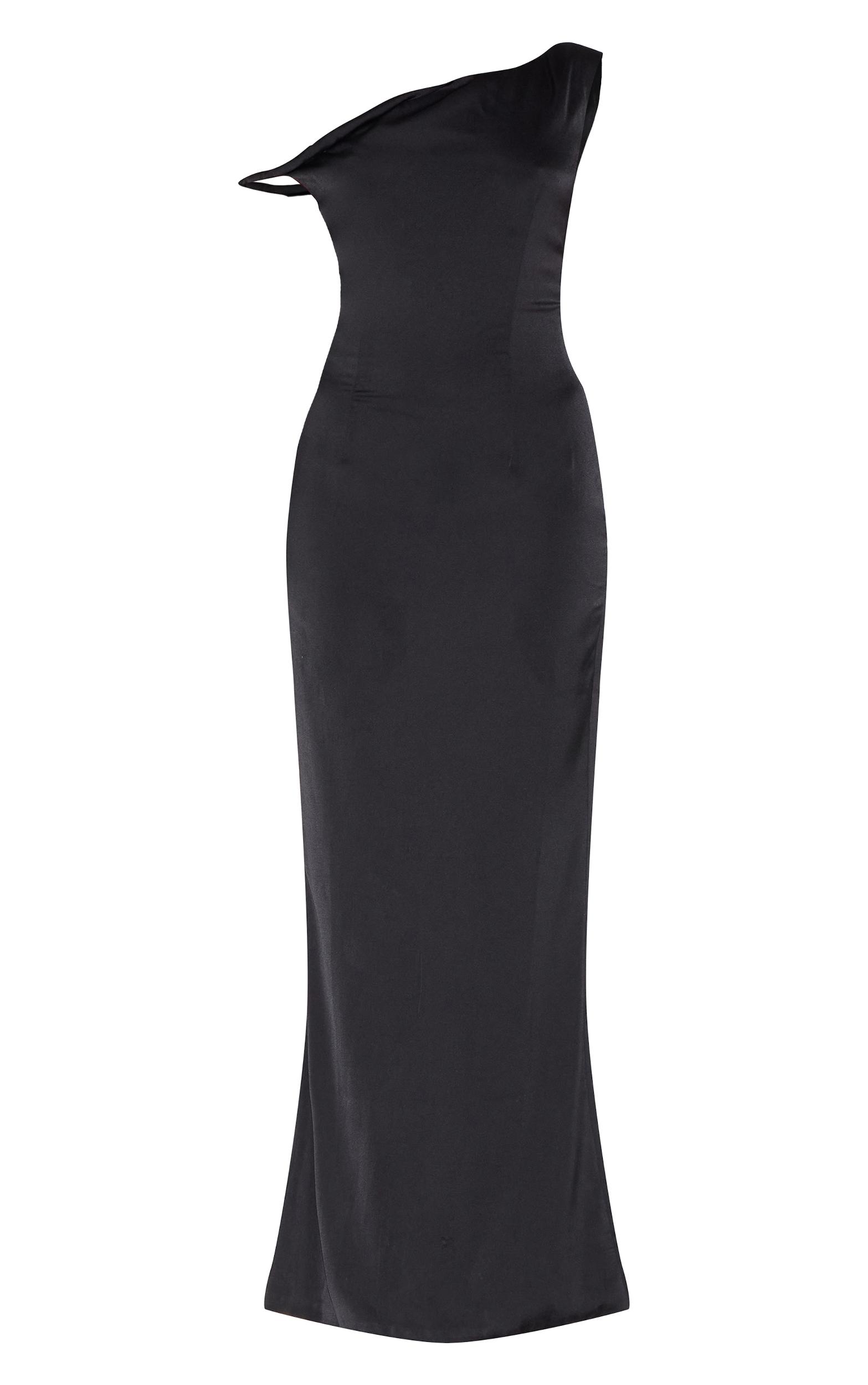 Black Satin Asymmetric Bardot Twist Maxi Dress Product Image
