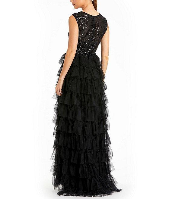 Mac Duggal Sleeveless Tiered Ruffled Sequin Crew Neck Gown Product Image