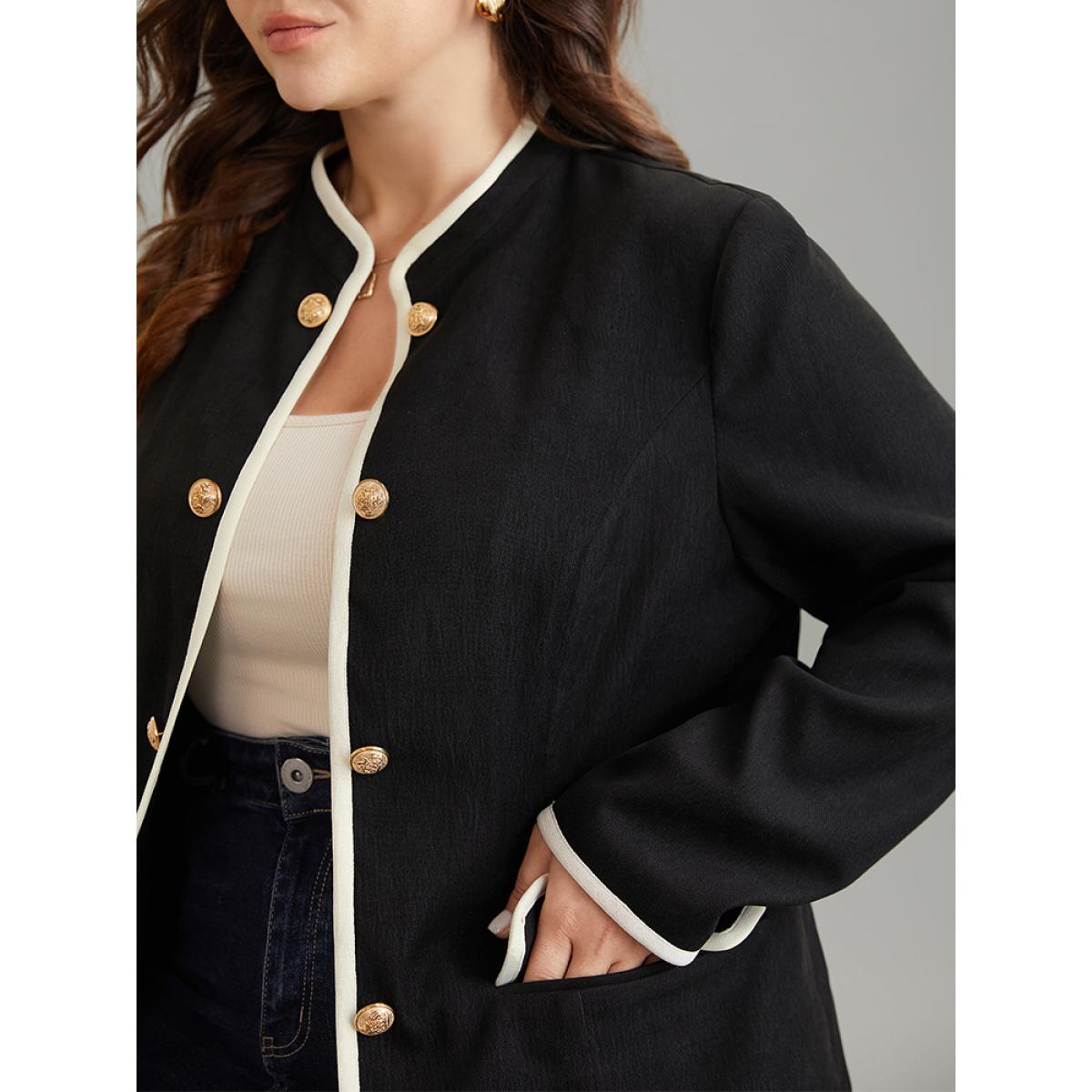 Plus Size Corduroy Metal Detail Contrast Trim Flap Pocket Blazer Women Black Office Lined Ladies Work Winter Coats BloomChic 12/L Product Image
