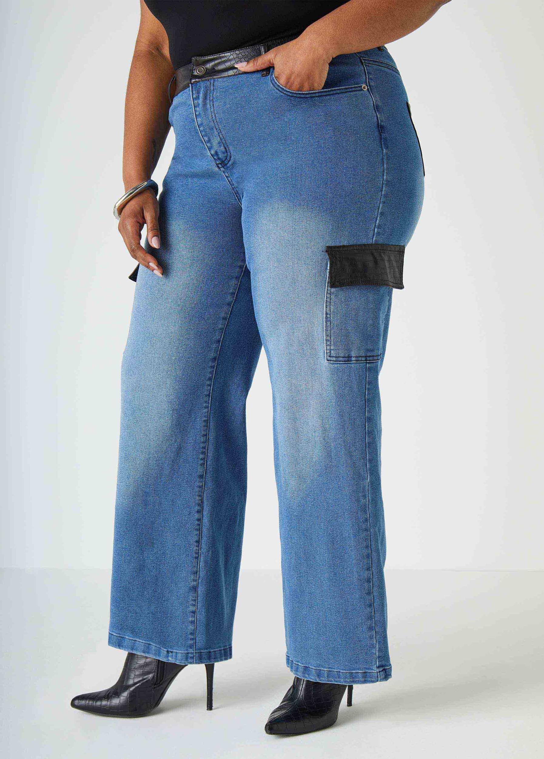 Faux Leather Paneled Cargo Jeans Product Image