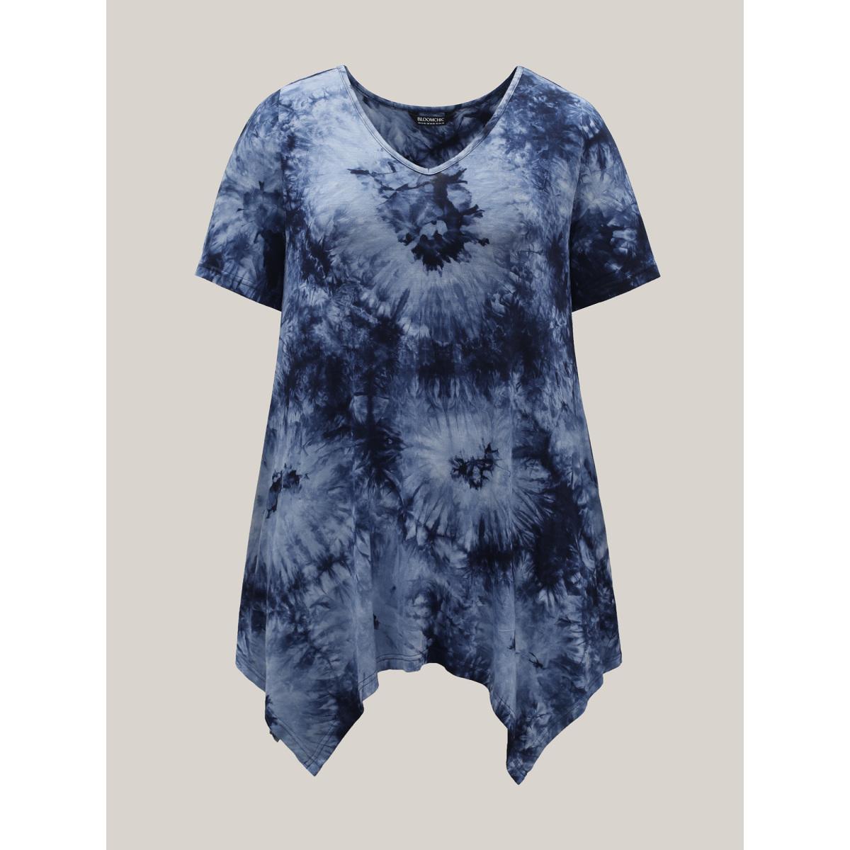 Plus Size Tie-Dye Stretchy Asymmetrical Hem T-Shirt Indigo Women Casual Asymmetrical V-neck Loose Everyday T-shirts BloomChic 10/M Product Image