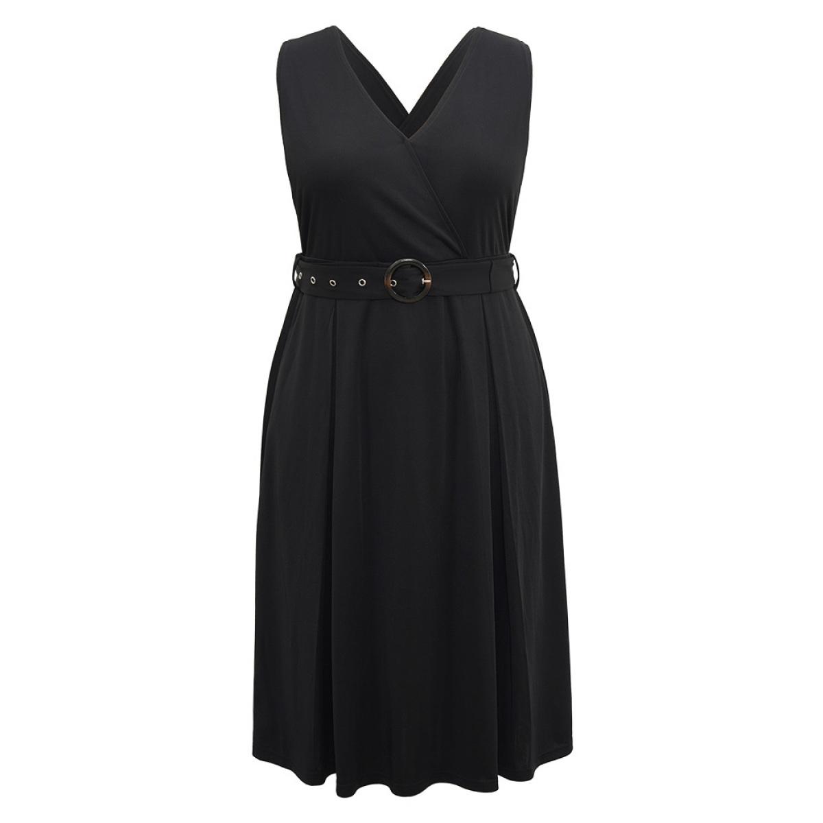 Plus Size Plain Buckle Detail Surplice Neck Tank Dress Black Women Elegant Wrap Overlap Collar Sleeveless Curvy Midi Dress BloomChic 22-24/3X Product Image