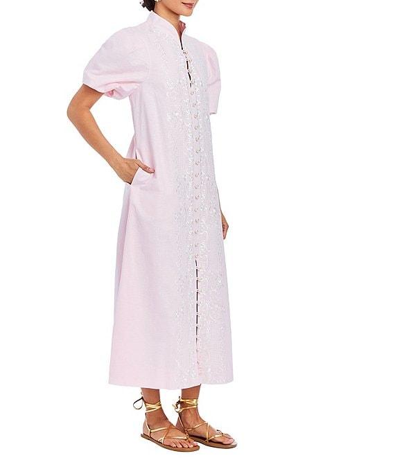 Mestiza New York Elliana Barong Woven Embroidered Mandarin Short Puff Sleeve Midi Dress Product Image