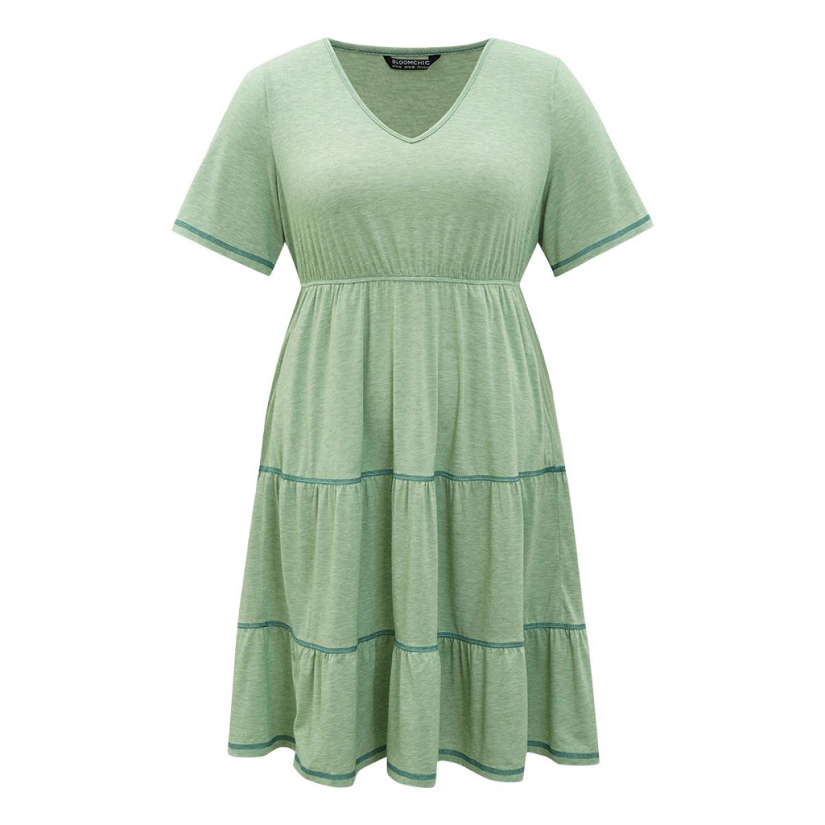 Plus Size Supersoft Essentials Contrast Layered Elastic Waist A Line Dress Mint Women Casual Contrast V-neck Short sleeve Curvy Midi Dress BloomChic 10/M Product Image