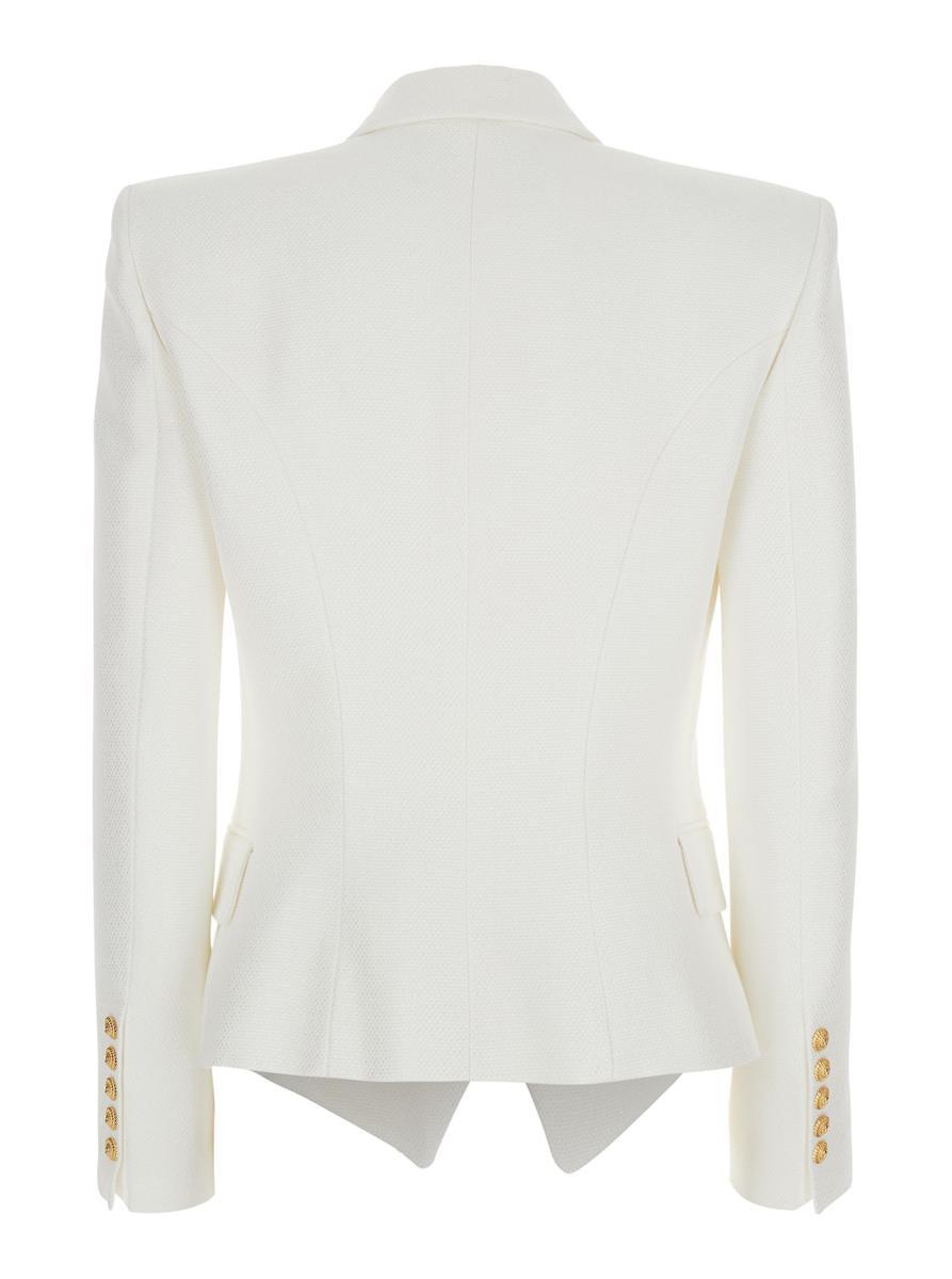 BALMAIN Double-breasted Structured Denim Blazer With Peak Lapel In White Product Image