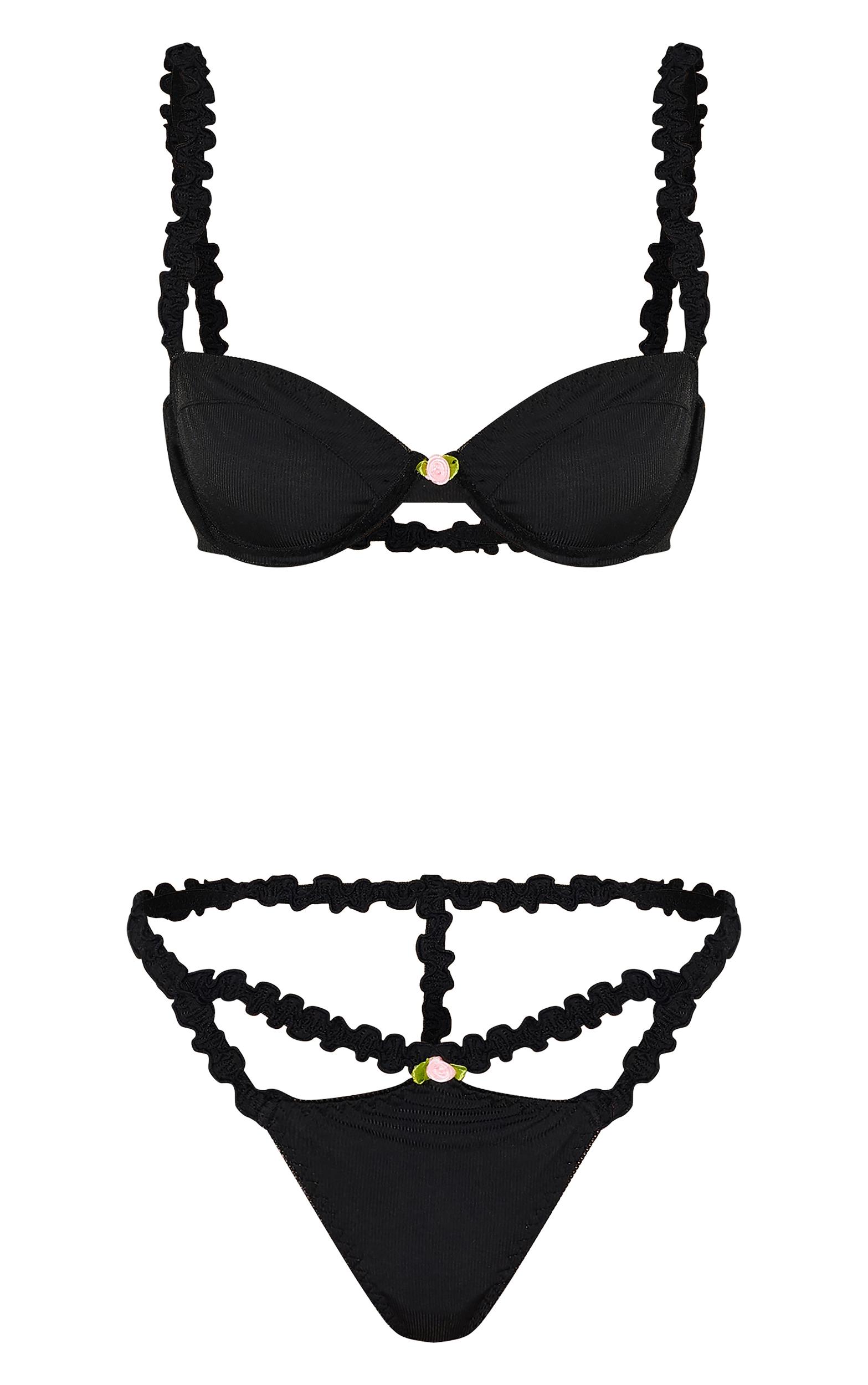 Black Ribbed Frill Underwired Lingerie Set Product Image