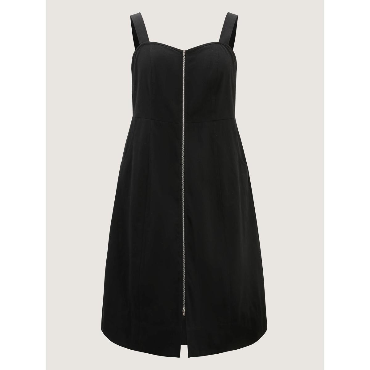 Plus Size Cotton Shirred Zipper-Front Midi Dress Black Women Leisure Shirred Non Sleeveless Curvy BloomChic 30/6X Product Image