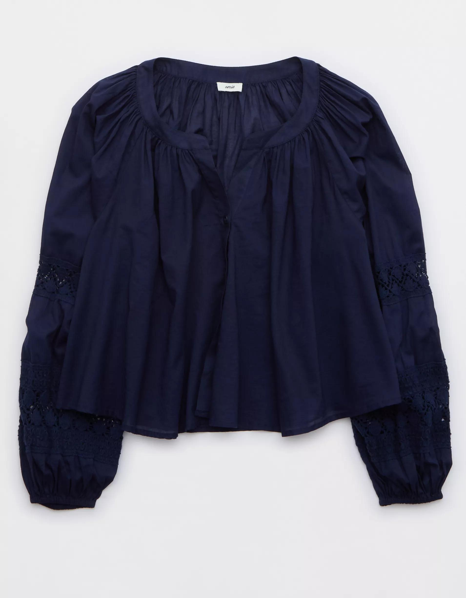 Aerie Long Sleeve Crochet Button Down Shirt Product Image