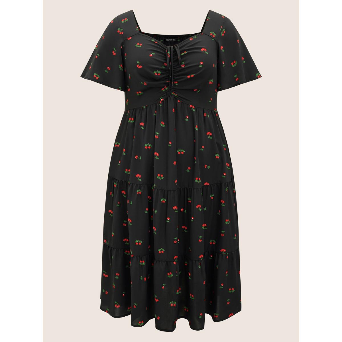 Plus Size Citrus Fruit Print Heart Neckline Drawstring Pleated Dress Black Women Elegant Pleated Heart neckline Short sleeve Curvy Midi Dress BloomChic 22-24/3X Product Image