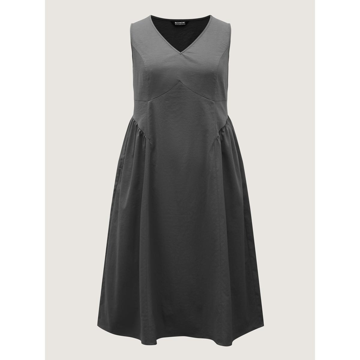 Plus Size Solid Pleated Drop Waist Midi Dress DimGray Women Gathered V-neck Sleeveless Curvy BloomChic 12/L Product Image