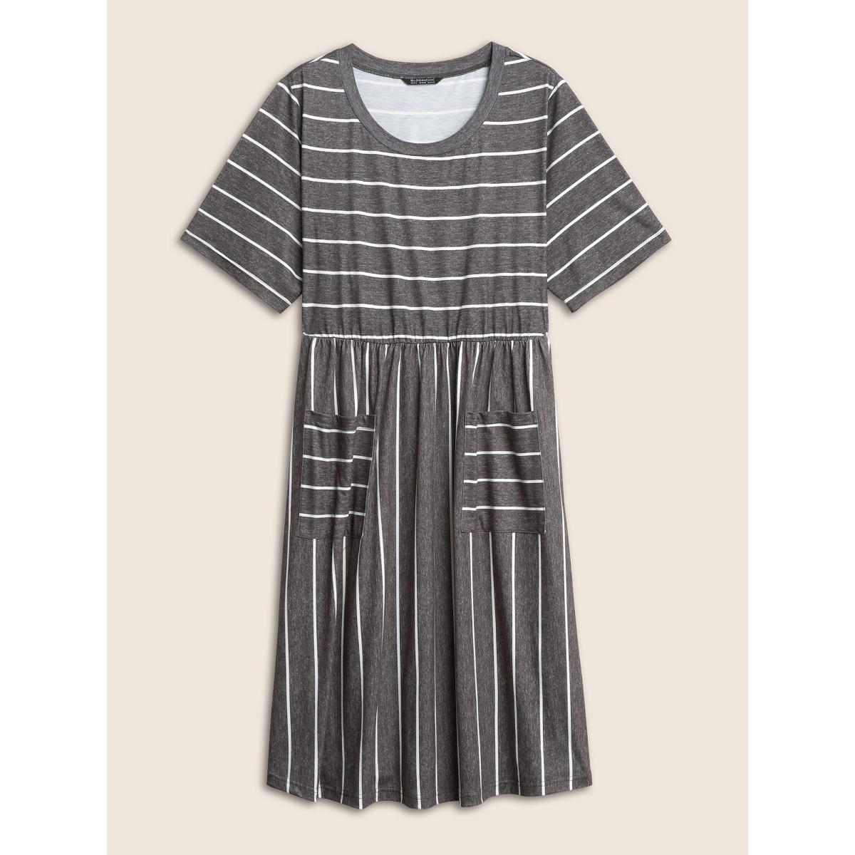 Plus Size Striped Patched Pocket Elastic Waist Dress DimGray Women Casual Non Round Neck Short sleeve Curvy Midi Dress BloomChic 14-16/1X Product Image