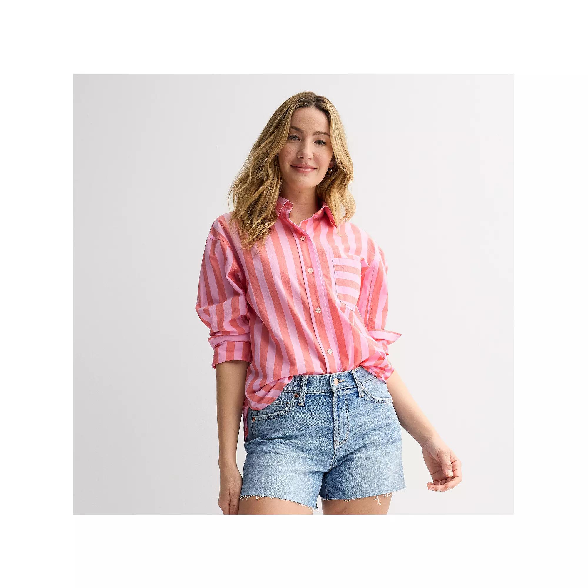 Petite Sonoma Goods For Life® Oversized Boyfriend Shirt, Women's, Size: XL Petite, Peach Pink Stripe Product Image