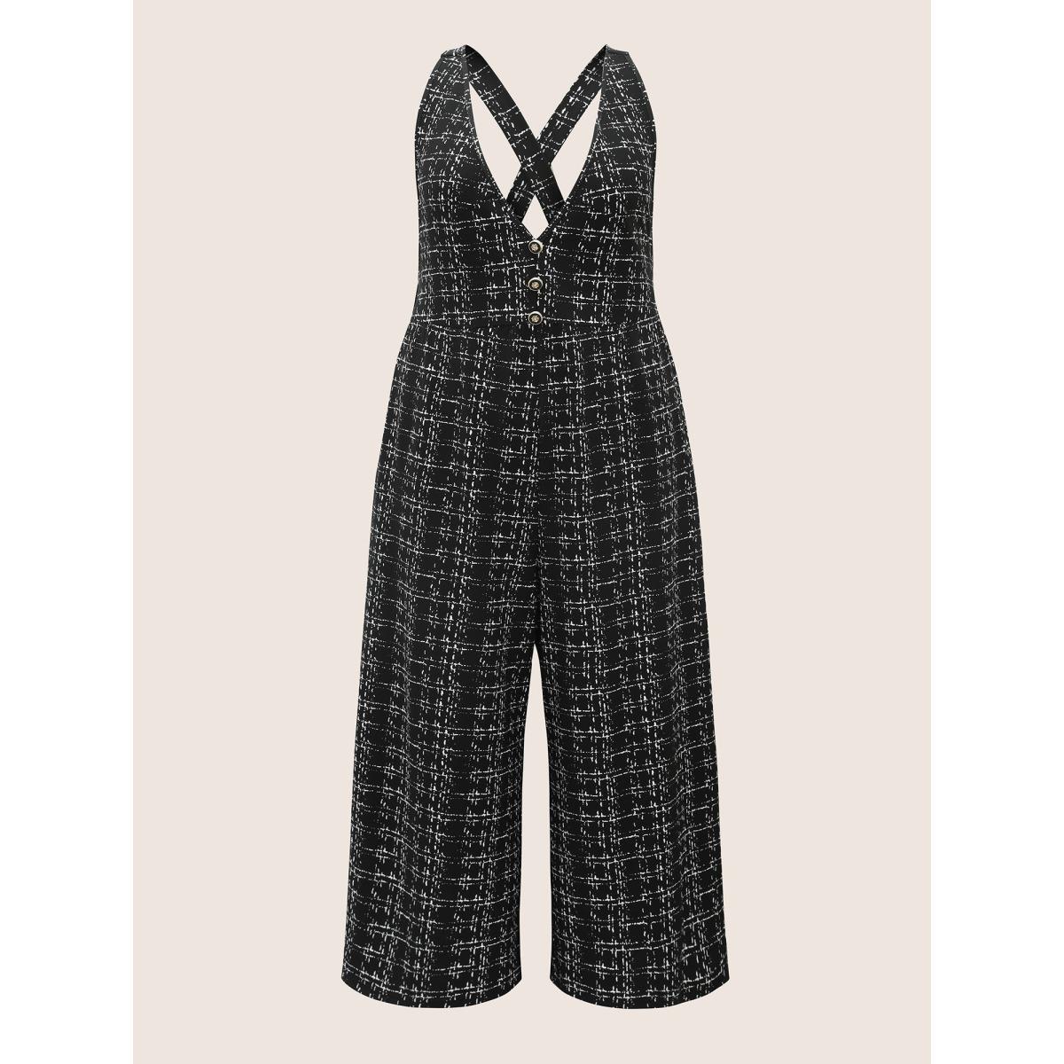 Plus Size Black Plaid Tweed Crisscross Back Button Detail Jumpsuit Women Work From Home Sleeveless Non Work Loose Jumpsuits BloomChic 30/6X Product Image