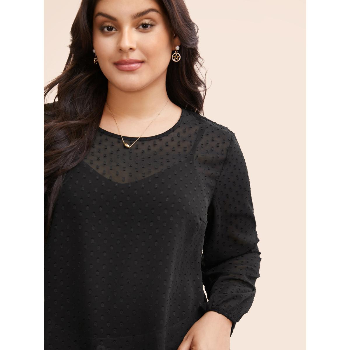 Plus Size Black Appliques Mesh Round Neck Lantern Sleeve Blouse Women Elegant Long Sleeve Round Neck Everyday Blouses BloomChic 22-24/3X Product Image