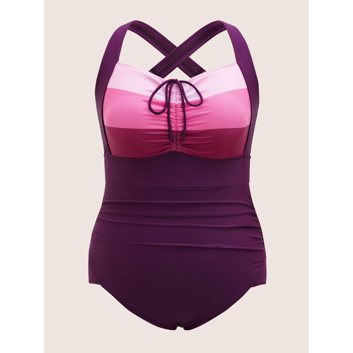Plus Size Colorblock Contrast Heart Neckline Drawstring One Piece Swimsuit Women's Swimwear Eggplant Beach Gathered Curve Bathing Suits High stretch One Pieces BloomChic 14-16/1X Product Image