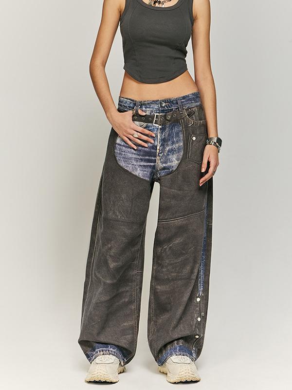 Retro Distressed Faux Leather Patchwork Printed Jeans Product Image
