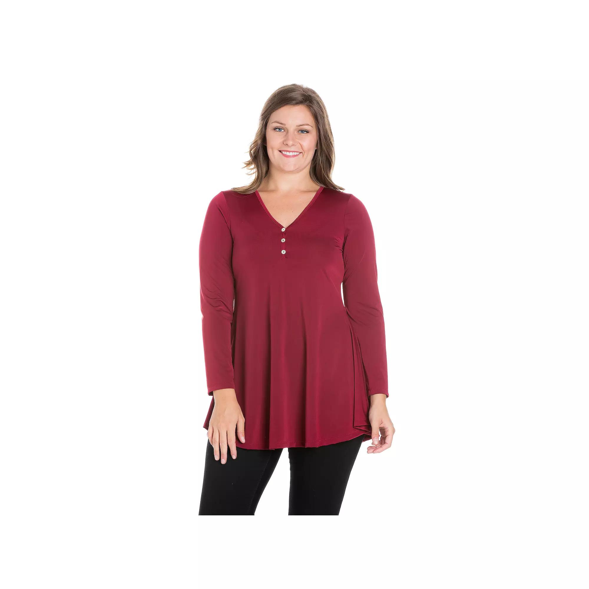Plus Size 24Seven Comfort Long Sleeve V-Neck Henley Tunic Top, Womens Product Image