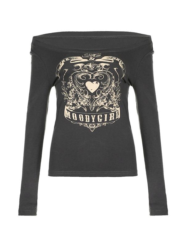 Vintage Heart Print Off Shoulder Long Sleeve Tee Product Image