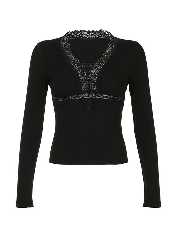 Lace Trim V Neck Lacing Slim Long Sleeve Knit Product Image