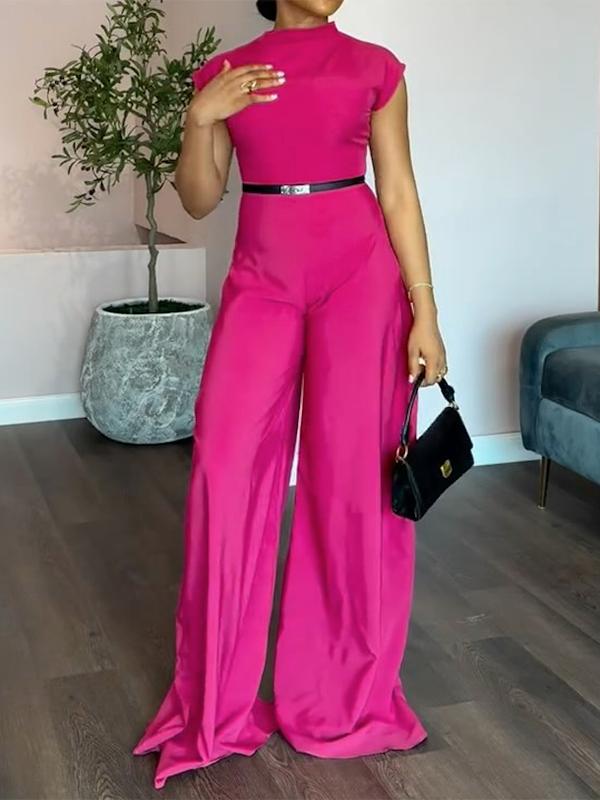 Cap Sleeve Wide Leg No Belt Solid Color Stand Collar Jumpsuits Product Image