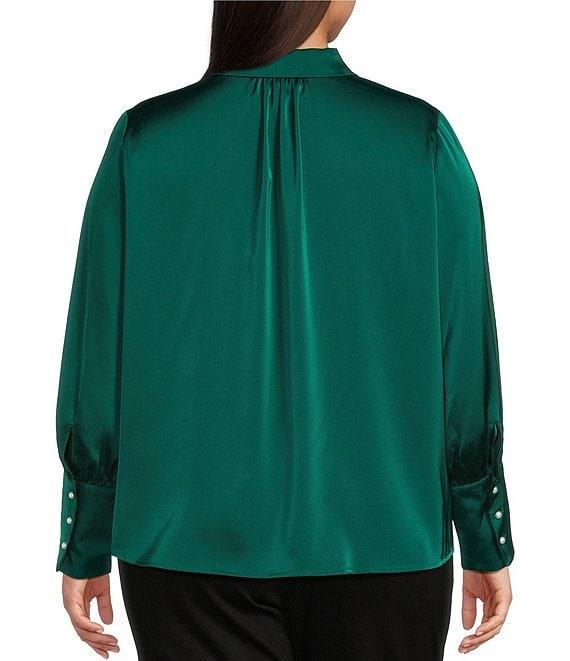 CeCe Plus Size Satin Point Collar Long Sleeve Tall Cuff Pearl Button Front Blouse Product Image