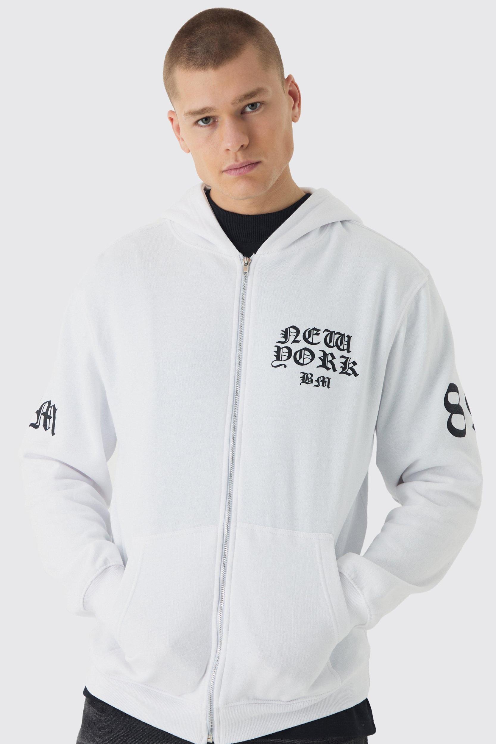 Regular Fit New York Print Zip Through Hoodie | boohooMAN USA Product Image