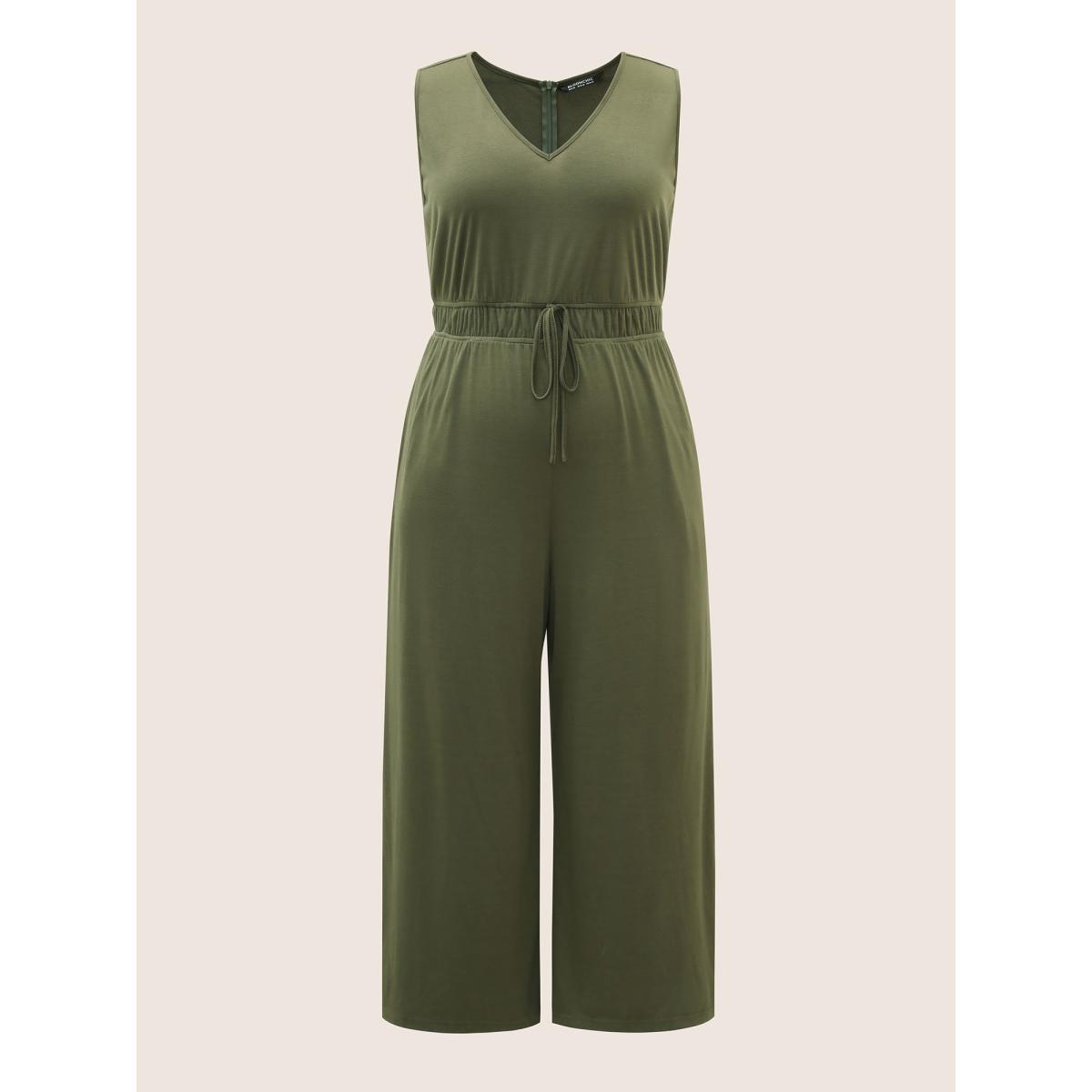 Plus Size ArmyGreen Solid Split Side Pocket Bowknot Tank Jumpsuit Women Casual Sleeveless V-neck Everyday Loose Jumpsuits BloomChic 22-24/3X Product Image