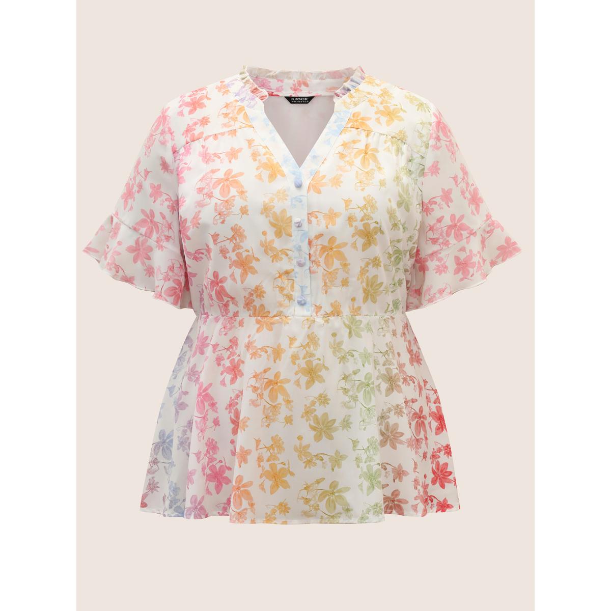 Plus Size Multicolor Ombre Floral Print Notched Collar Blouse Women Elegant Short sleeve Notched collar Everyday Blouses BloomChic 18-20/2X Product Image