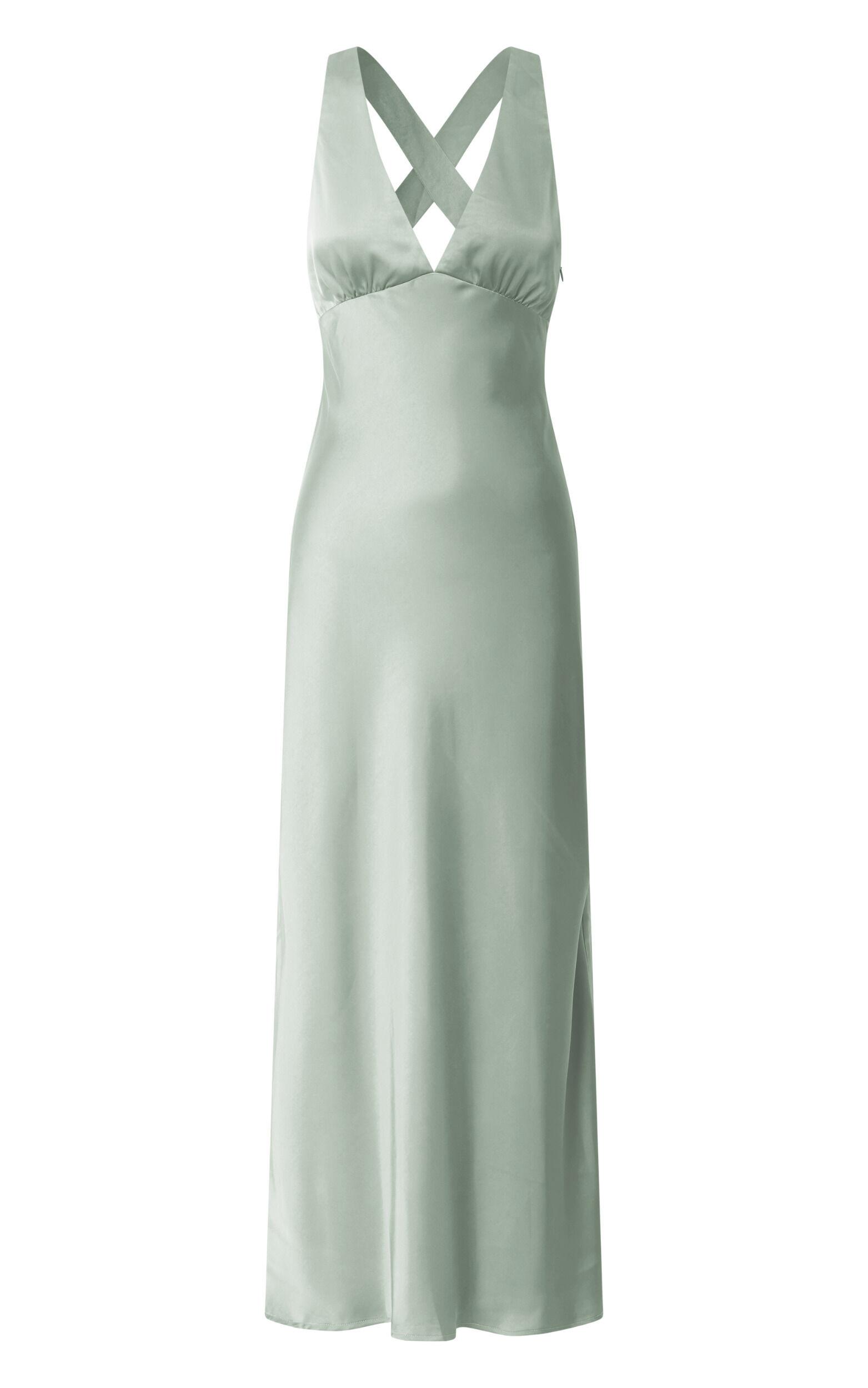 Khalani Midi Dress - Deep V Neck Satin Slip Dress in Sage Product Image
