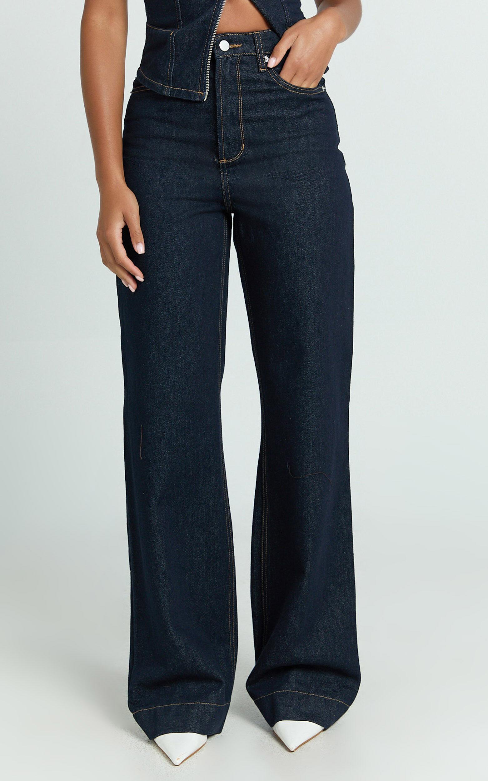 Emman Jeans - High Waisted Cotton Wide Leg Denim Jeans in Raw Denim with Tobacco Stitch Product Image