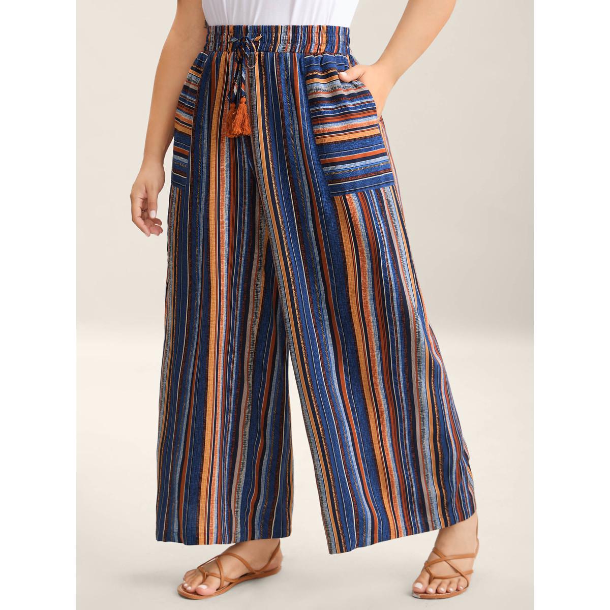 Plus Size Boho Stripes Drawstring Wide-Leg Pants Women Multicolor Boho Wide Leg Mid Rise Vacation Pants BloomChic 26/4X Product Image
