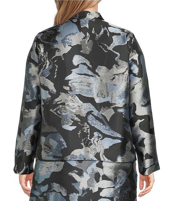 Ming Wang Plus Woven Floral Print Mandarin Collar Long Sleeve Open Front Jacket Product Image