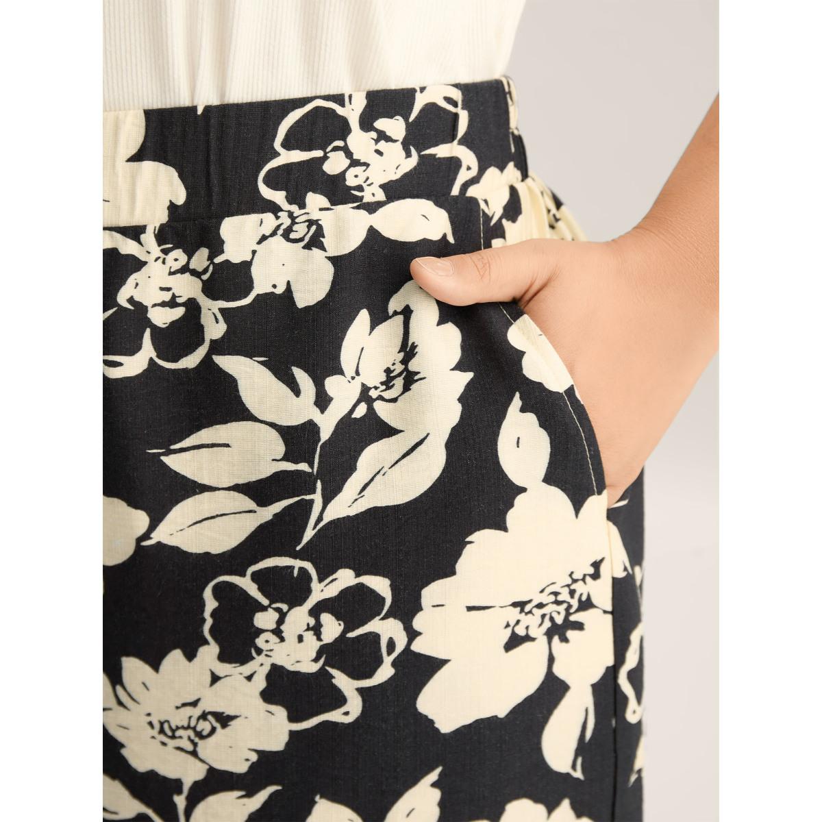 Plus Size Floral Print Pull-On Wide-Leg Pants Women BlackFlower Elegant Wide Leg Mid Rise Elegant Pants BloomChic 28/5X Product Image