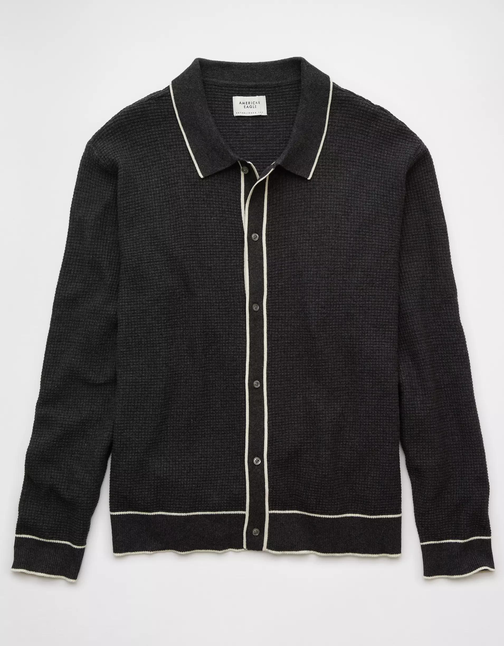 AE Long-Sleeve Tipped Waffle Sweater Polo Shirt Product Image