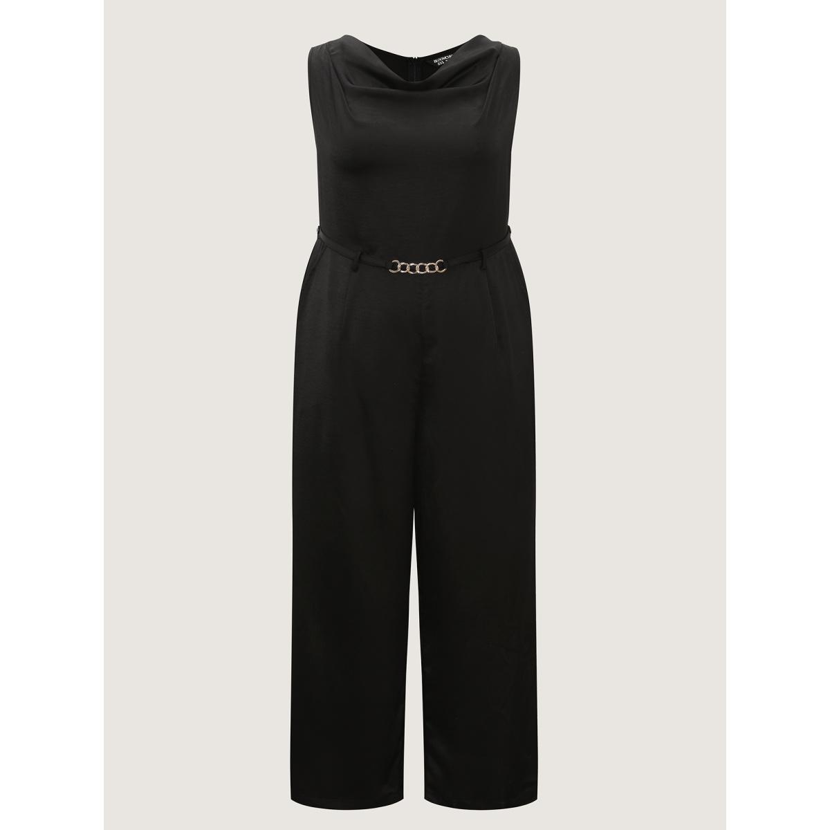 Plus Size Pureblack Satin Cowl Neckline Cut-Out Plain Jumpsuit Women Office Sleeveless Cowl Neck Office Loose Jumpsuits BloomChic 26/4X Product Image