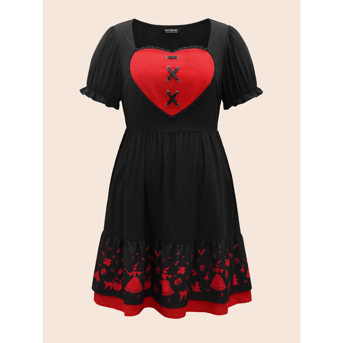 Plus Size Sweet Romance Heart Motif Midi Dress Black Women Cocktail Wraparound straps Party Curvy Bloomchic 12/L Product Image
